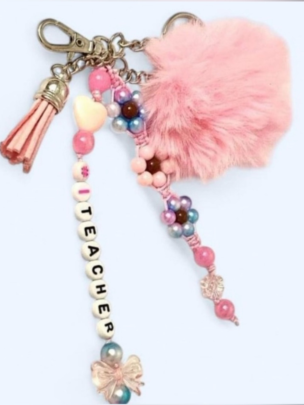 Handcrafted #1 Teacher Pink Fluffy Keychain purse charm with Beads and Tassel